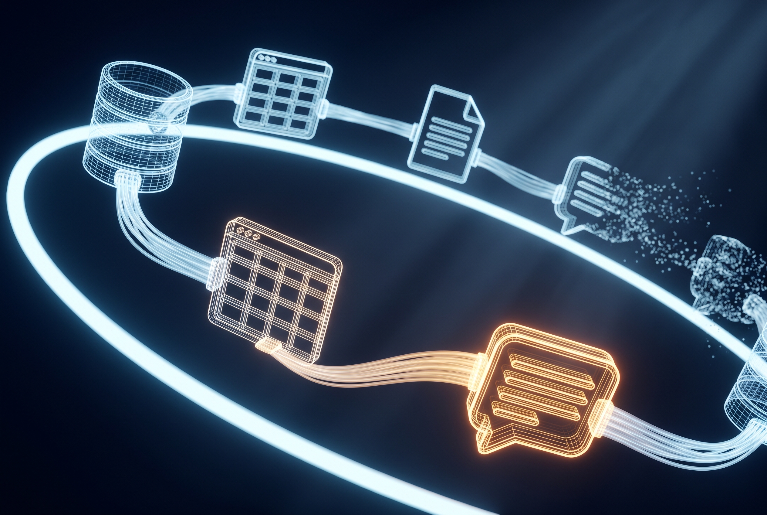 A continuous loop of connected data sources, with some nodes dissolving away and one refreshed