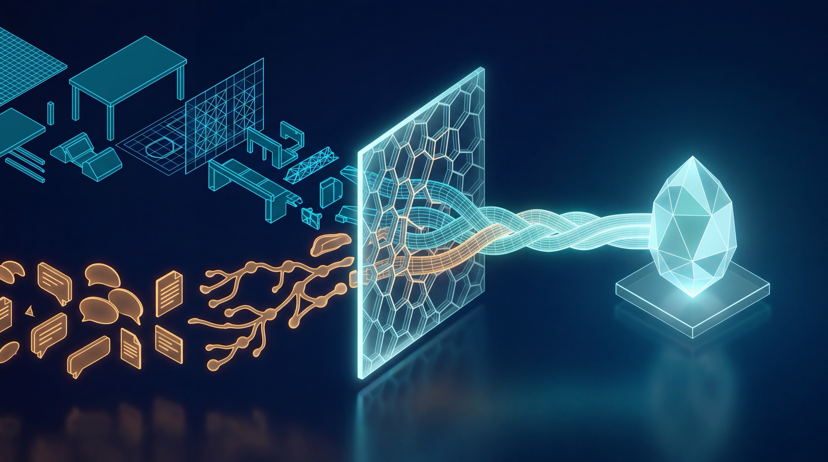 Structured table planes and unstructured amber fragments both flowing into a luminous intermediate lattice that braids them into one beam feeding a glowing AI core
