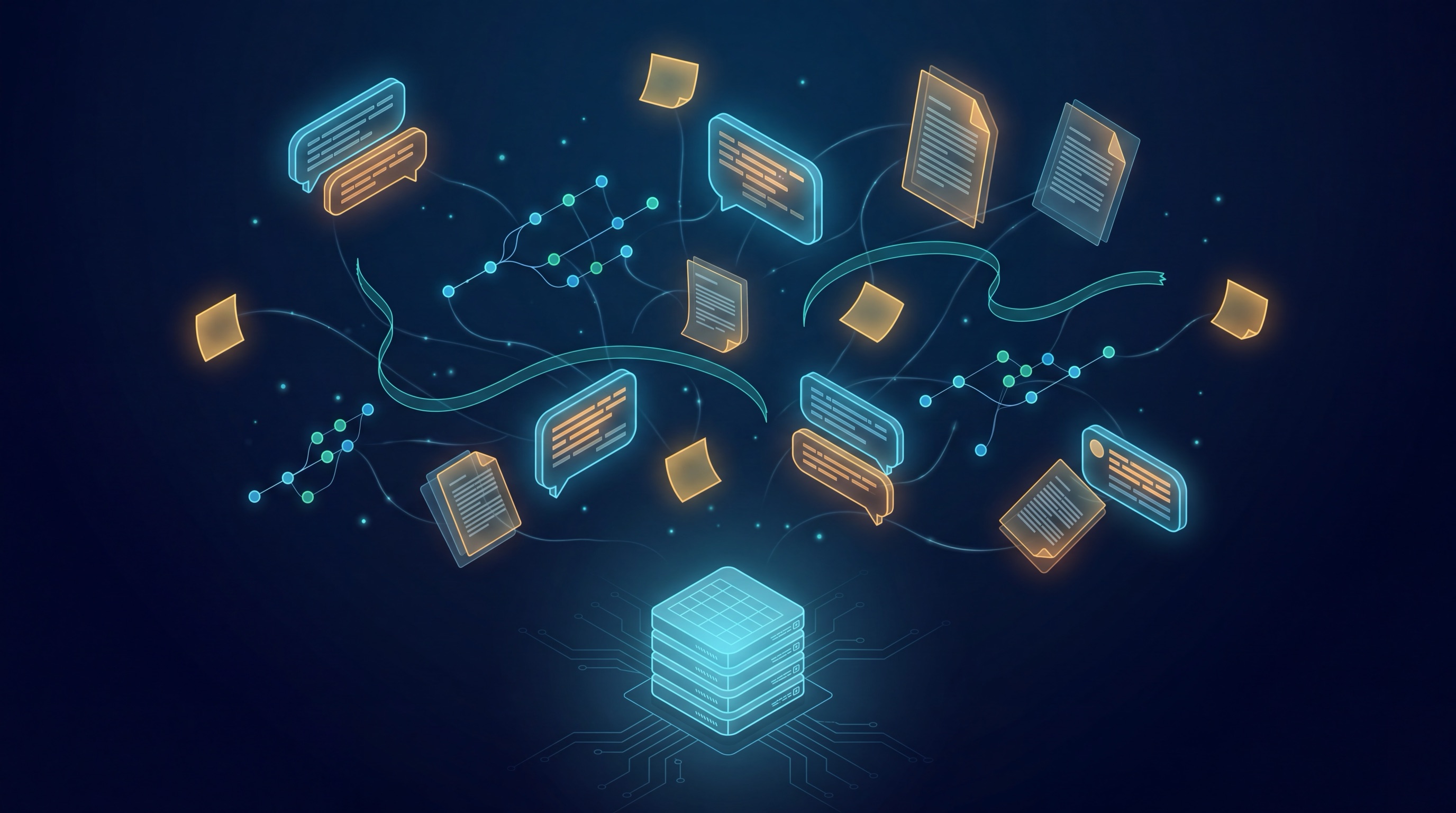 A small tidy stack of database tables dwarfed by a large floating constellation of chat threads, commit graphs, and documents that never connect down to it
